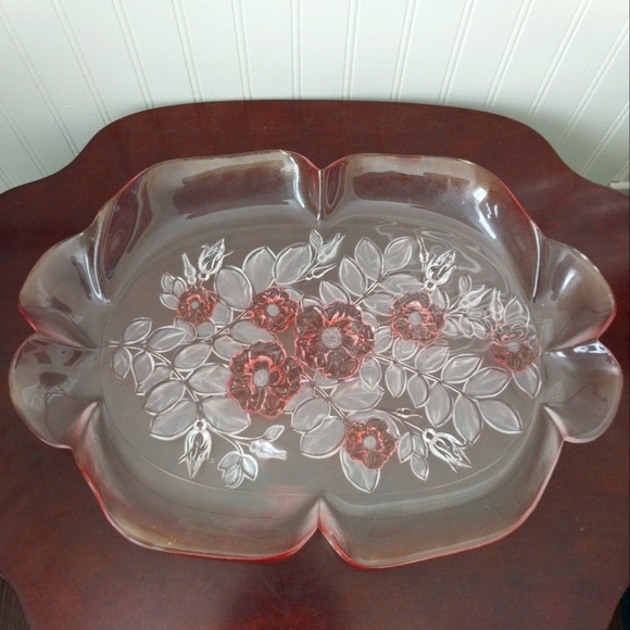 Vintage Mikasa Rosella Walther Crystal Pink Rose Floral Glass Platter Like New - Picture 1 of 13